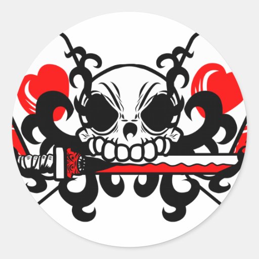 skull with sword and playing cards round stickers