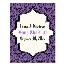 Skulls damask purple black Halloween Save the Date Post Cards