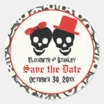 Skulls Halloween red black wedding Save the Date Round Stickers
