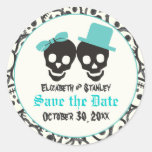 Skulls Halloween Turquoise wedding Save the Date Round Stickers
