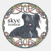 Skye Terrier in Celtic Knotwork - Buchanan Tartan Round Stickers
