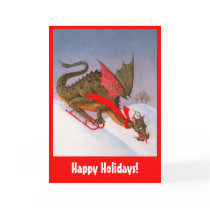 Sledding Dragon Happy Holidays Greeting Cards