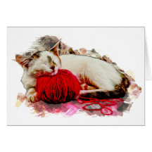 Sleeping Cat with Red Yarn Pillow Greeting Card