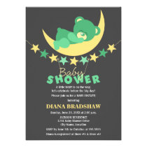 Sleeping Green Teddy Bear On Moon Baby Shower invitations