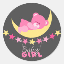 Sleeping Pink Girl Teddy Bear On Moon Baby Shower stickers