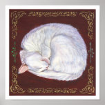 Sleeping Treasure White Cat Poster with Border
