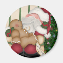 Sleepy Santa and Gingerbread Man Christmas Magnet