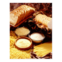 Sliced bread, flour, rice, and different pasta postcards
