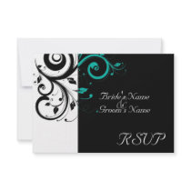 Sm Black +White Aqua Swirl Wedding Matching RSVP Announcement