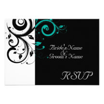 Sm Black +White Aqua Swirl Wedding Matching RSVP Announcement