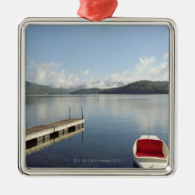 Small boat tied up on dock at Lake Placid Christmas Ornament