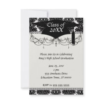 small flourish black white damask design personalized announcements