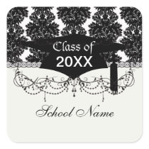 small flourish black white damask design square sticker