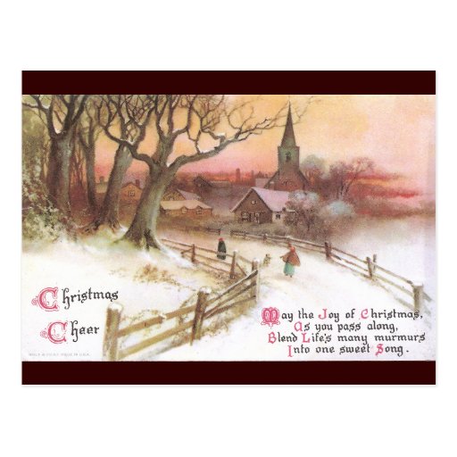 Small Town and Church at Sunset in Winter Postcard