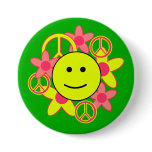 Smile Face with Peace Signs and Flowers Pin