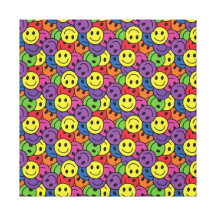 Smiley Faces Retro Hippy Pattern Stretched Canvas Print