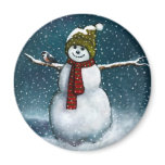 Smiling Snowman in Snow: Chickadee: Pastel Art Magnet