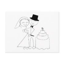 Smiling Stick Figure Couple Cuts the Wedding Cake Post Cards