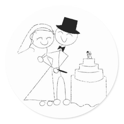 Smiling Stick Figure Couple Cuts the Wedding Cake Round Sticker by