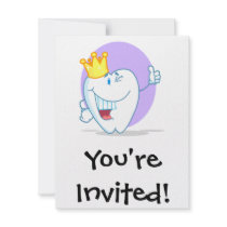 Smiling Tooth Cartoon Character With Golden Crown Invites