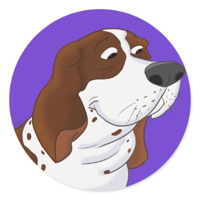 Sniffing Cartoon Basset Hound Round Stickers by doggydoodles