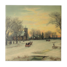 Snow Covered Road to Church Ceramic Tile
