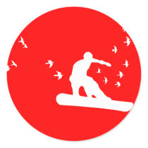 snowboard with birds. round sticker