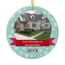 Snowflake flurry red banner teal custom photo christmas ornaments