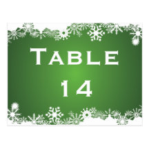Snowflake green white winter wedding table number postcards