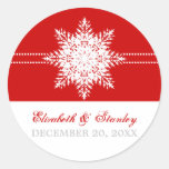 Snowflake red winter wedding Save the Date Round Stickers