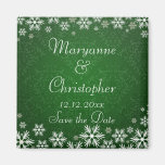 Snowflakes and Green Damask Wedding Save the Date Fridge Magnets