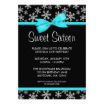 Snowflakes Teal Bow Winter Wonderland Sweet 16 Custom Invite