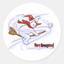 Snowman On Broom Throwing Snowball Round Stickers