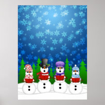 Snowman Quartet Caroler Singing Snowy Night Poster