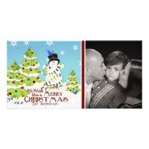 Snowman Tangled Lights Christmas Tree Bird Card Custom Photo Card