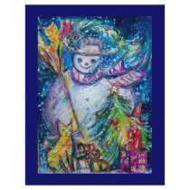 SNOWMAN WITH TOYS, white blue yellow