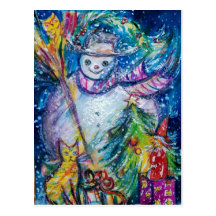 SNOWMAN WITH TOYS, white blue yellow Post Cards
