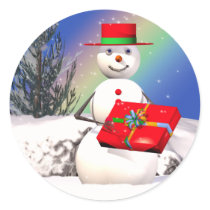 Snowman's Present Round Sticker