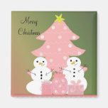 Snowmen by a Pink Christmas Tree Magnets