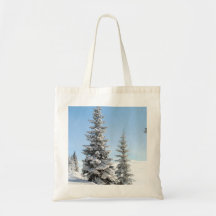 Snowy Winter Scene with Christmas Trees Tote Bag