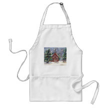 Snowy Wintry country church christmas scene Aprons