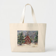 Snowy Wintry country church christmas scene Tote Bags