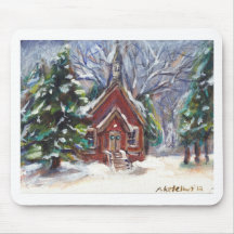 Snowy Wintry country church christmas scene Mousepads