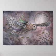 Soaring Fairy and Owl Fantasy Art Poster