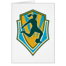 soccer player woman kicking ball shield greeting cards