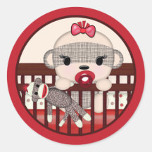 SOCK MONKEY Baby Shower Crib Seal Round GIRL Round Sticker