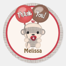 SOCK MONKEY Baby Shower Thank You Round BOY #4 Sticker