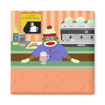 Sock Monkey Coffee Shop Barista Magnet