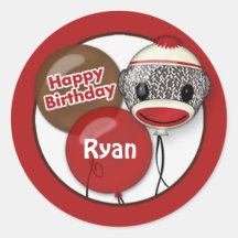 SOCK MONKEY "Happy Birthday" Round sticker SMR #2
