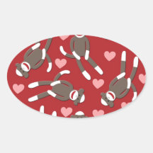 Sock Monkey Hearts Oval Stickers